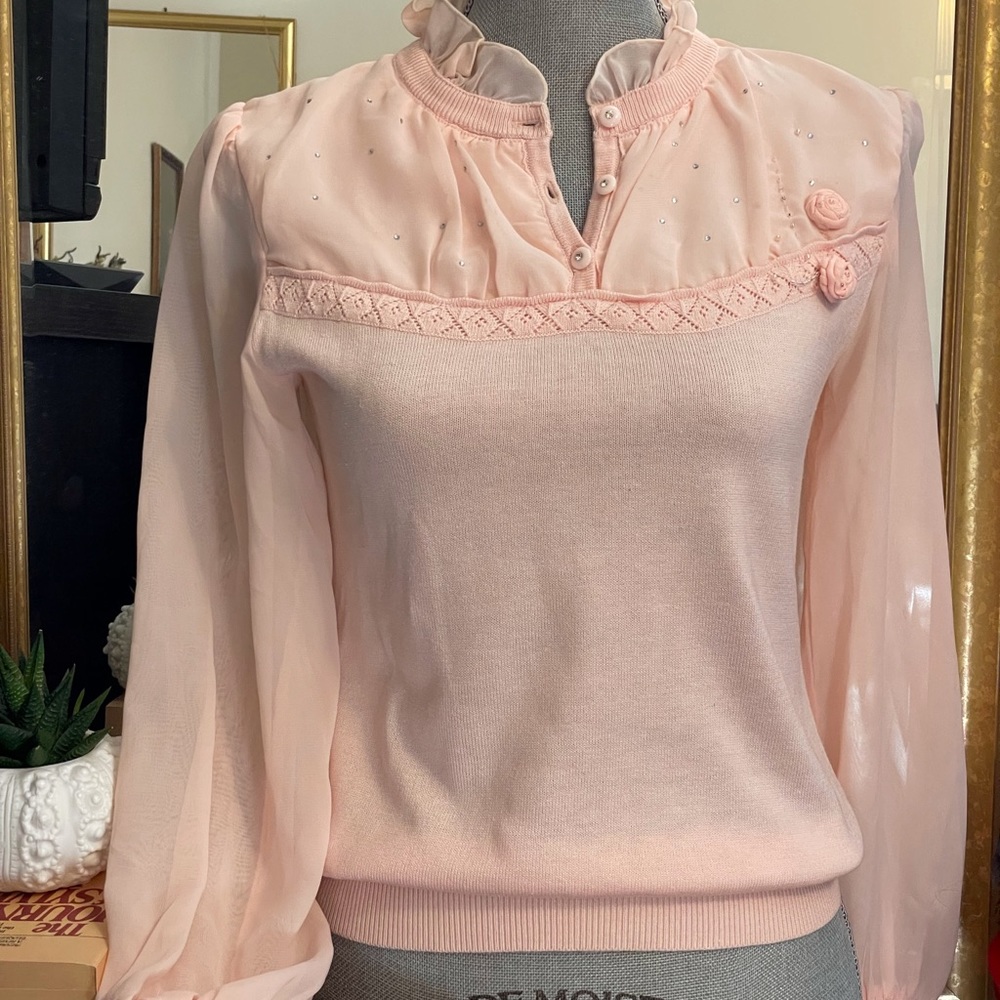 Ballerina pink/peach chiffon & cotton blend knit l/s top - Picture 3 of 16
